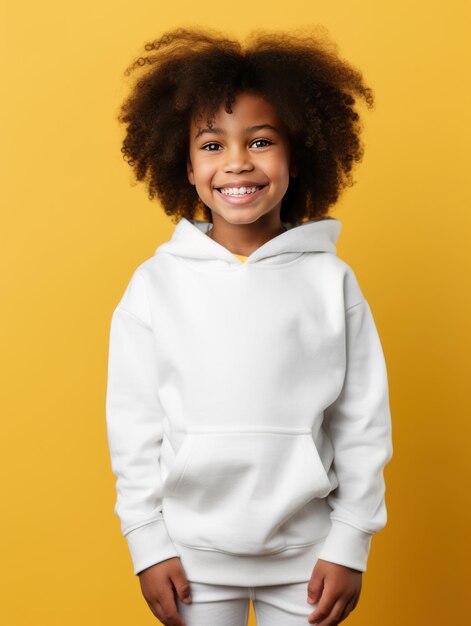 Ein kleines Mädchen mit einem leeren weißen Hoodie steht vor einem Mockup mit gelber Wandbekleidung.
