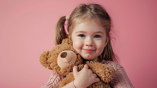 Ein kleines Mädchen mit einem Teddybären in enger Umarmung