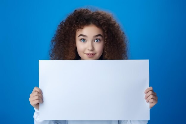 Ein kleines Mädchen mit einem weißen Blatt Papier, blauem Hintergrund, Platz für einen Text, ein kleines Mädchen hält ein leeres Blatt Papier.