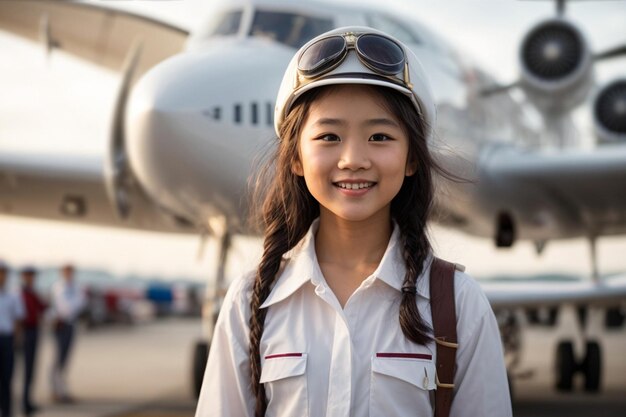 Ein kleines Mädchen mit einem weißen Pilotenhemd und Hut vor dem Flugzeug