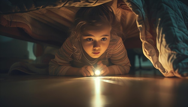 Foto ein kleines mädchen mit einer taschenlampe sucht nachts nach einem monster unter dem bett