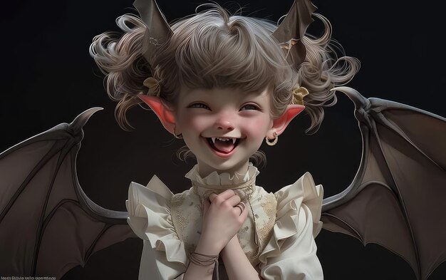 Ein kleines Mädchen mit Flügeln und Hörnern lächelt und das Wort Teufel ist auf ihrem Kopf.