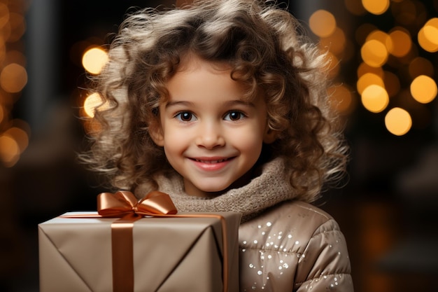 ein kleines Mädchen mit lockigem Haar, das eine Geschenkbox hält.