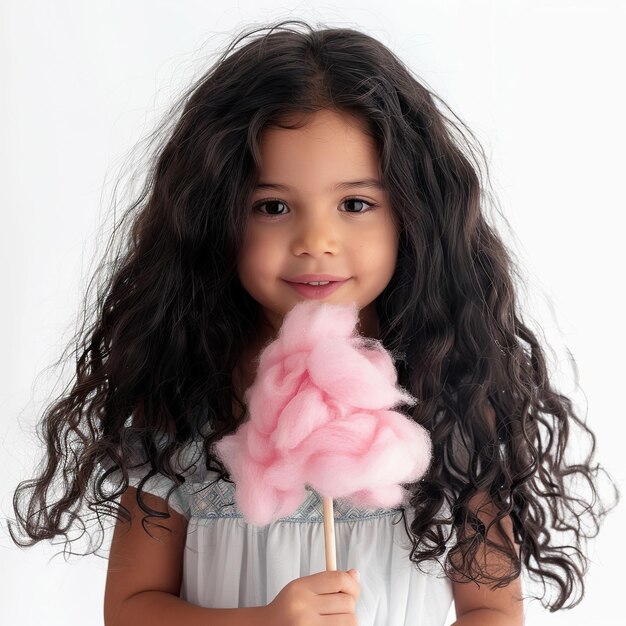 Ein kleines Mädchen mit lockigem Haar hält eine Zuckerwatte