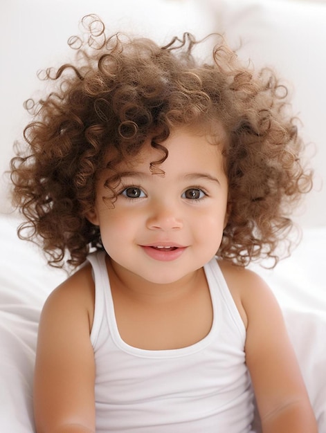 ein kleines Mädchen mit lockigem Haar sitzt auf einem Bett