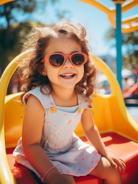 Ein kleines Mädchen mit Sonnenbrille sitzt auf einer Rutsche