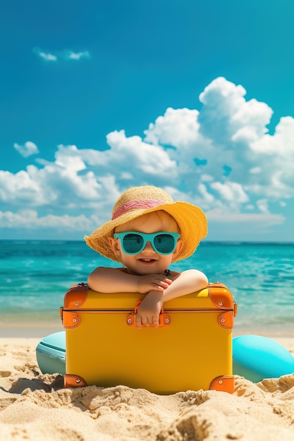 Ein kleines Mädchen mit Sonnenbrille und Hut steht an einem Koffer am Strand in der Nähe des Meeres