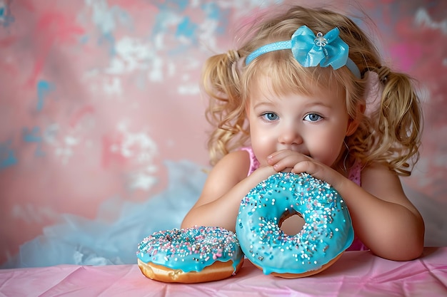 Ein kleines Mädchen posiert mit ein paar Donuts an einer rosa Wand