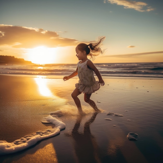 Ein kleines Mädchen rennt bei Sonnenuntergang am Strand entlang.