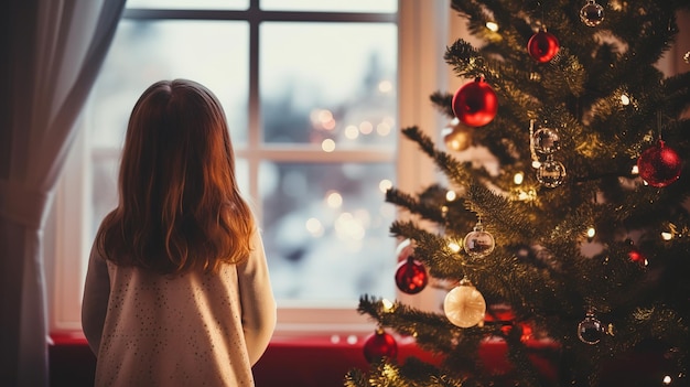 Ein kleines Mädchen schaut aus dem Fenster auf einen Weihnachtsbaum