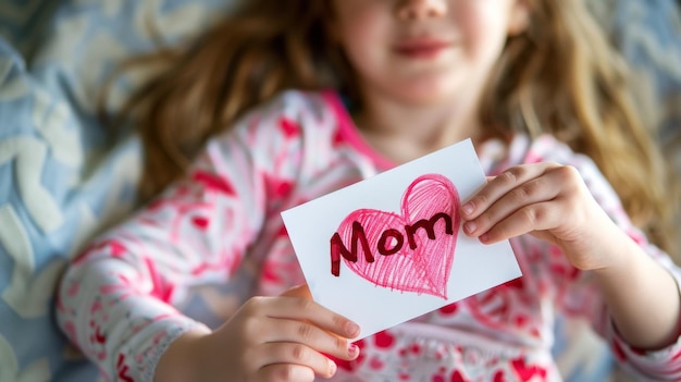 Foto ein kleines mädchen schenkt seiner mutter eine mutterkarte mit einer herzzeichnung