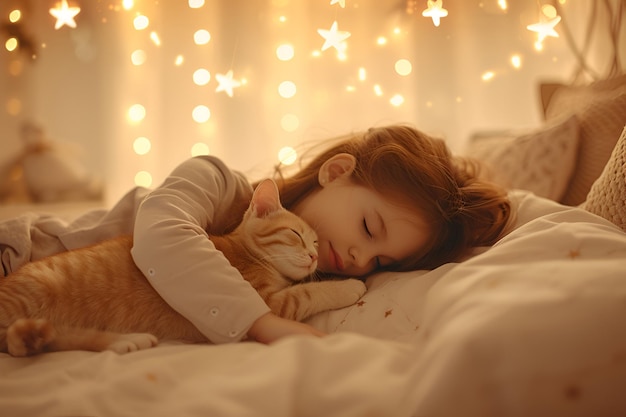 Ein kleines Mädchen schläft im Bett und umarmt eine Katze