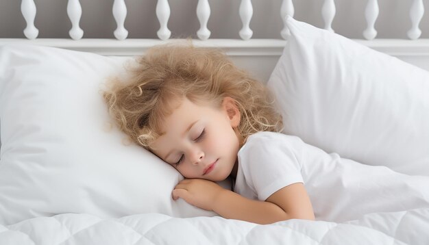 ein kleines Mädchen schläft in einem weißen Bett mit einem weißen Kissen