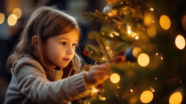 Ein kleines Mädchen schmückt einen Weihnachtsbaum