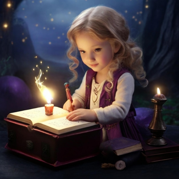ein kleines Mädchen schreibt ein Buch mit einer angezündeten Kerze und einer Kerze