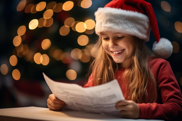 Foto ein kleines mädchen schreibt einen brief an den weihnachtsmann mit weihnachtenwünschen