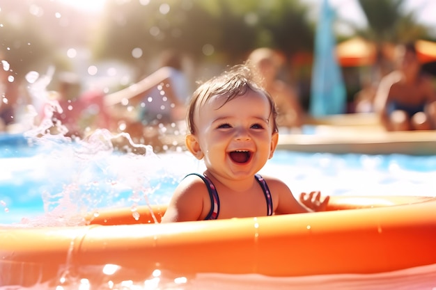 Ein kleines Mädchen schwimmt in einem orangefarbenen Floß.