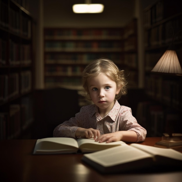 Ein kleines Mädchen sitzt an einem Tisch mit Büchern und liest.