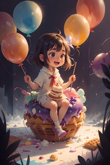 Ein kleines Mädchen sitzt auf dem riesigen Kuchen-Eis mit Ballons Buch-Cover-Hintergrund-Illustration