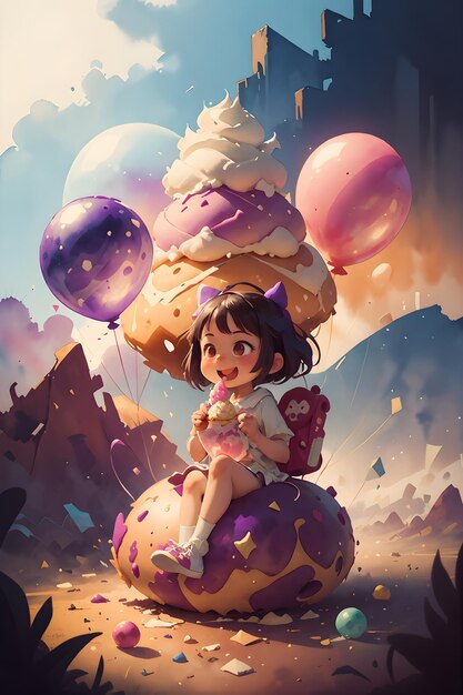 Foto ein kleines mädchen sitzt auf dem riesigen kuchen-eis mit ballons buch-cover-hintergrund-illustration