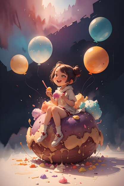 Foto ein kleines mädchen sitzt auf dem riesigen kuchen-eis mit ballons buch-cover-hintergrund-illustration