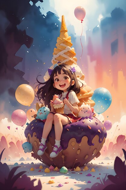Foto ein kleines mädchen sitzt auf dem riesigen kuchen-eis mit ballons buch-cover-hintergrund-illustration