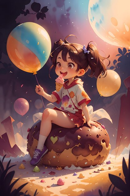 Foto ein kleines mädchen sitzt auf dem riesigen kuchen-eis mit ballons buch-cover-hintergrund-illustration