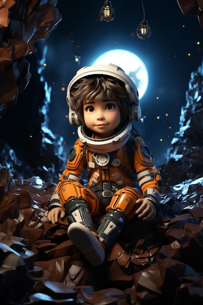 Ein kleines Mädchen sitzt in einem Raumanzug mit dem Mond im Rücken
