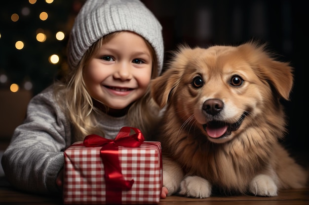 Ein kleines Mädchen sitzt neben einem Hund und hat ein generatives KI-Bild