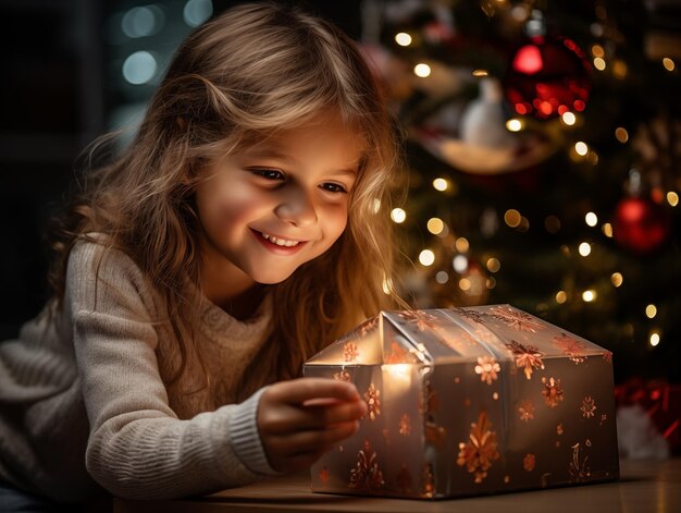 Ein kleines Mädchen sitzt unter dem Weihnachtsbaum und öffnet zu Hause ihre Weihnachten-Geschenkkiste
