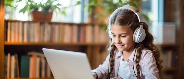 Foto ein kleines mädchen sitzt vor einem laptop und trägt kopfhörer