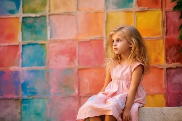 Ein kleines Mädchen sitzt vor einer bunten Wand mit Regenbogenhintergrund.