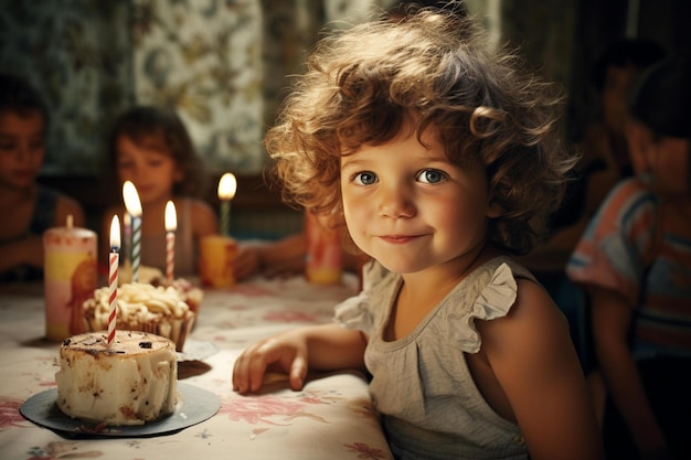 Ein kleines Mädchen sitzt vor einer Torte mit Kerzen.