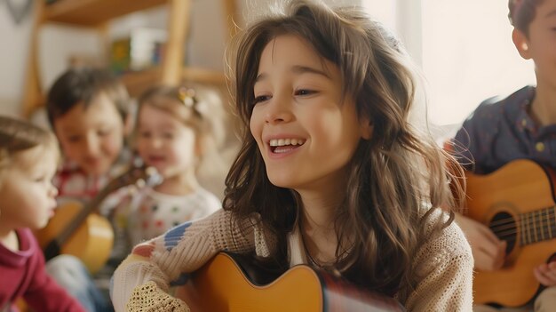 Foto ein kleines mädchen spielt gitarre und singt mit ihren freunden im hintergrund das mädchen lächelt und schlägt gitarre, während ihre freunde zusehen
