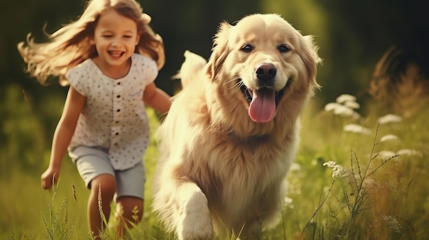 Ein kleines Mädchen spielt mit dem Hund im Freien auf dem Sommerfeld.