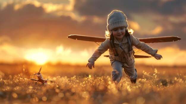 Ein kleines Mädchen spielt mit einem Spielzeugflugzeug auf dem Feld