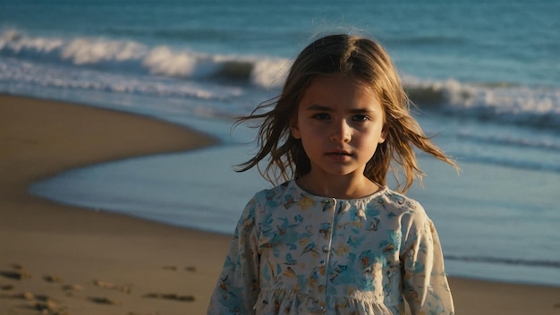 ein kleines Mädchen steht am Strand mit dem Ozean im Hintergrund