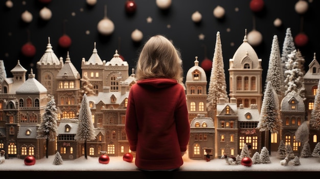 Ein kleines Mädchen steht vor einem Weihnachtsdorf. Generative KI