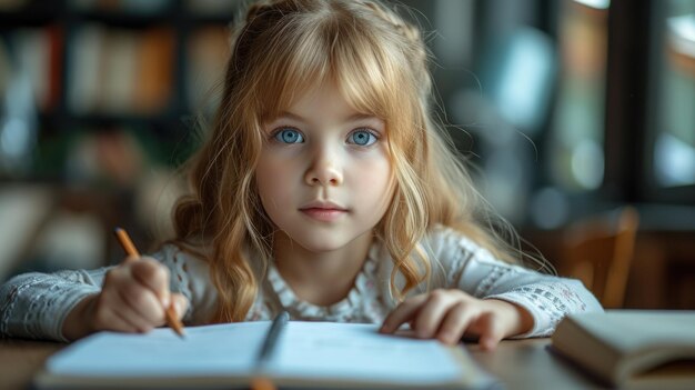 Ein kleines Mädchen studiert mit hoher Konzentration