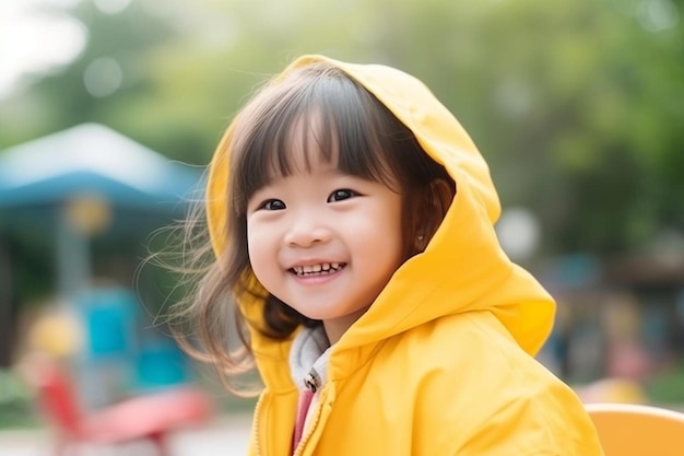 ein kleines Mädchen trägt eine gelbe Regenjacke mit einer Kapuze, die glücklich sagt