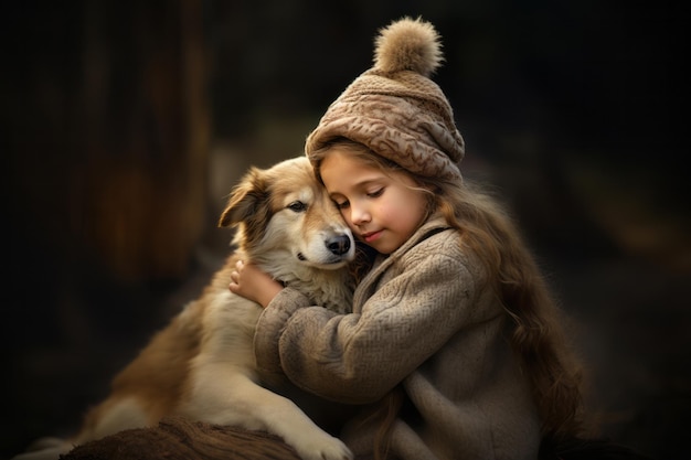 Ein kleines Mädchen umarmt einen niedlichen Straßenhund, der ein Herbstkleid auf dunklem Hintergrund trägt.