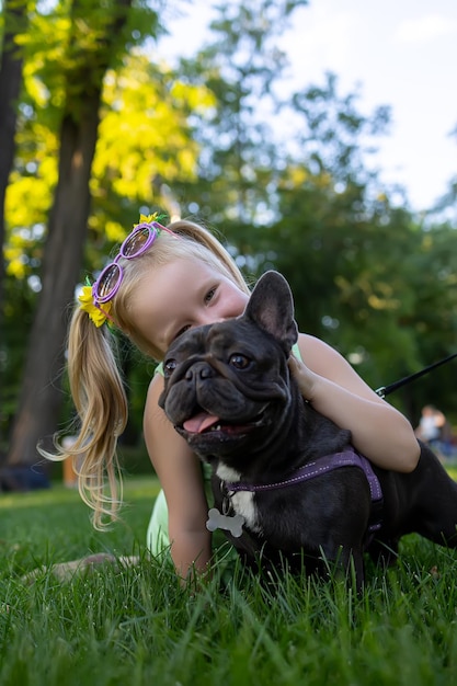 Ein kleines Mädchen umarmte eine französische Bulldogge von hinten und legte ihren Kopf auf ihn