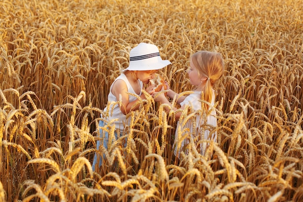 ein kleines Mädchen und ein blonder Junge in weißen Kleidern stehen auf einem Weizenfeld mit Brot