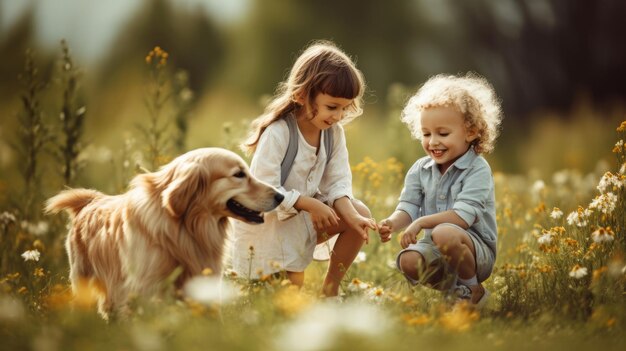 Ein kleines Mädchen und ein Junge spielen mit einem Hund auf dem Sommerfeld