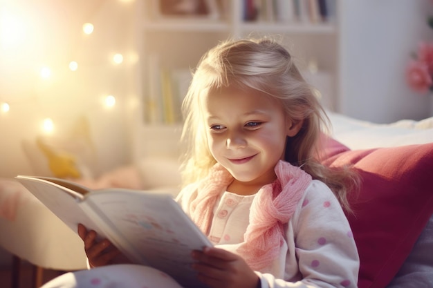Ein kleines Mädchen verbringt ihre Freizeit zu Hause und liest ein Buch