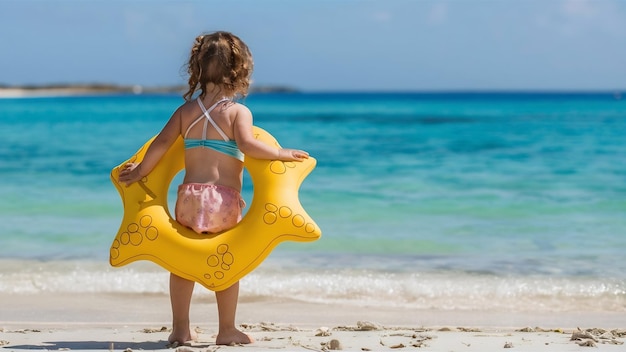 Ein kleines Mädchen von drei Jahren steht mit einem gelben Schwimmring in Form eines Seesterns und lo