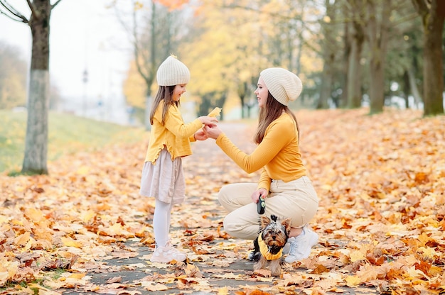 Ein kleines Mädchen von fünf Jahren in einer Strickmütze schenkt ihrer Mutter einen herbstlichen Blätterstrauß, ihr Haustier geht in Herbstkleidung in der Nähe spazieren