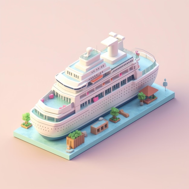 Ein kleines Modellschiff mit rosa Hintergrund und dem Wort Kreuzfahrt darauf.