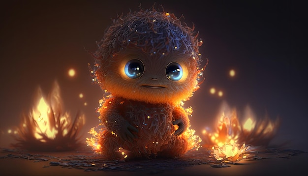 Ein kleines Monster mit blauen Augen sitzt vor einem Feuer.