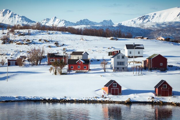 Foto ein kleines norwegisches dorf am ufer des fjords